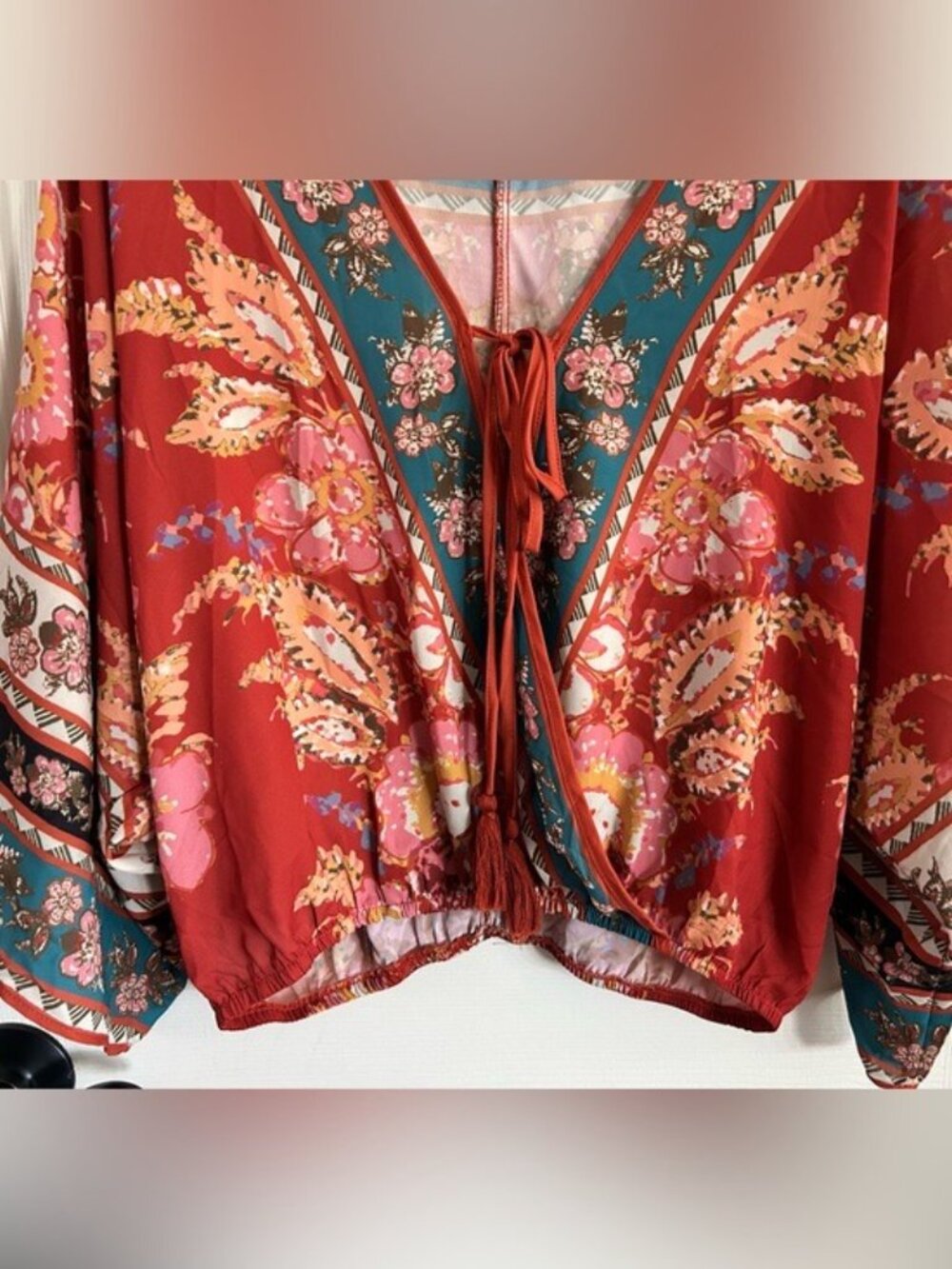 Flying Tomato Rust Floral Tie-Front Peasant Boho Blouse NWT Festival - Picture 4 of 16